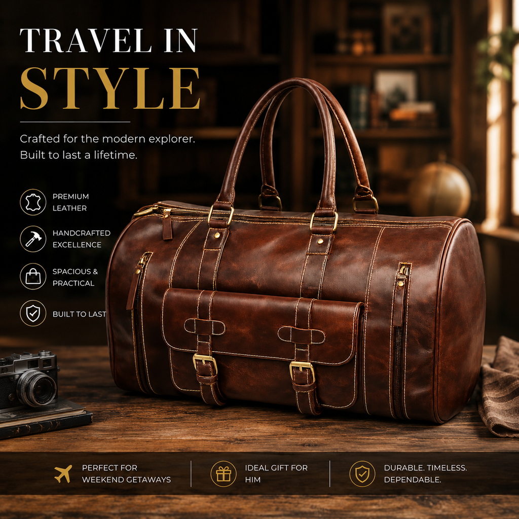 Luxcariiy Brown Genuine Leather Duffle Bag for Men & Women – Large Handmade Leather Travel Weekender Duffel Bag with Multiple Pockets & Shoulder Strap