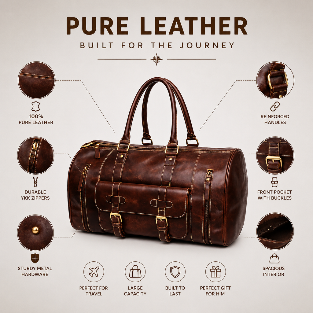 Luxcariiy Brown Genuine Leather Duffle Bag for Men & Women – Large Handmade Leather Travel Weekender Duffel Bag with Multiple Pockets & Shoulder Strap