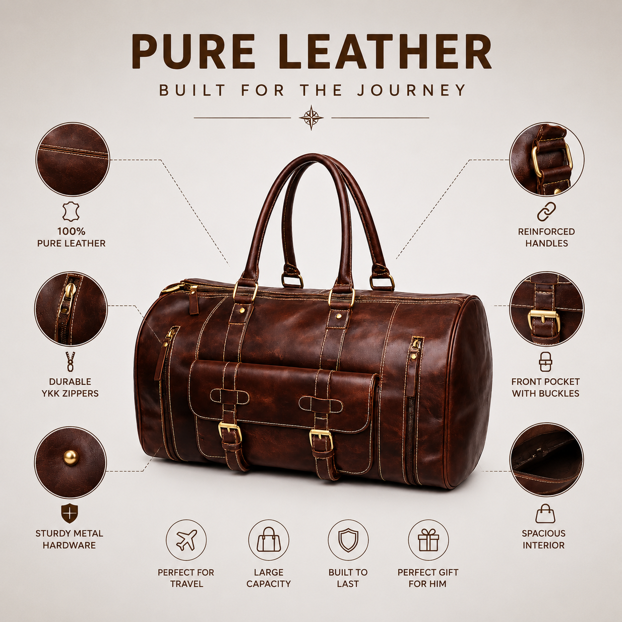 Luxcariiy Brown Genuine Leather Duffle Bag for Men & Women – Large Handmade Leather Travel Weekender Duffel Bag with Multiple Pockets & Shoulder Strap