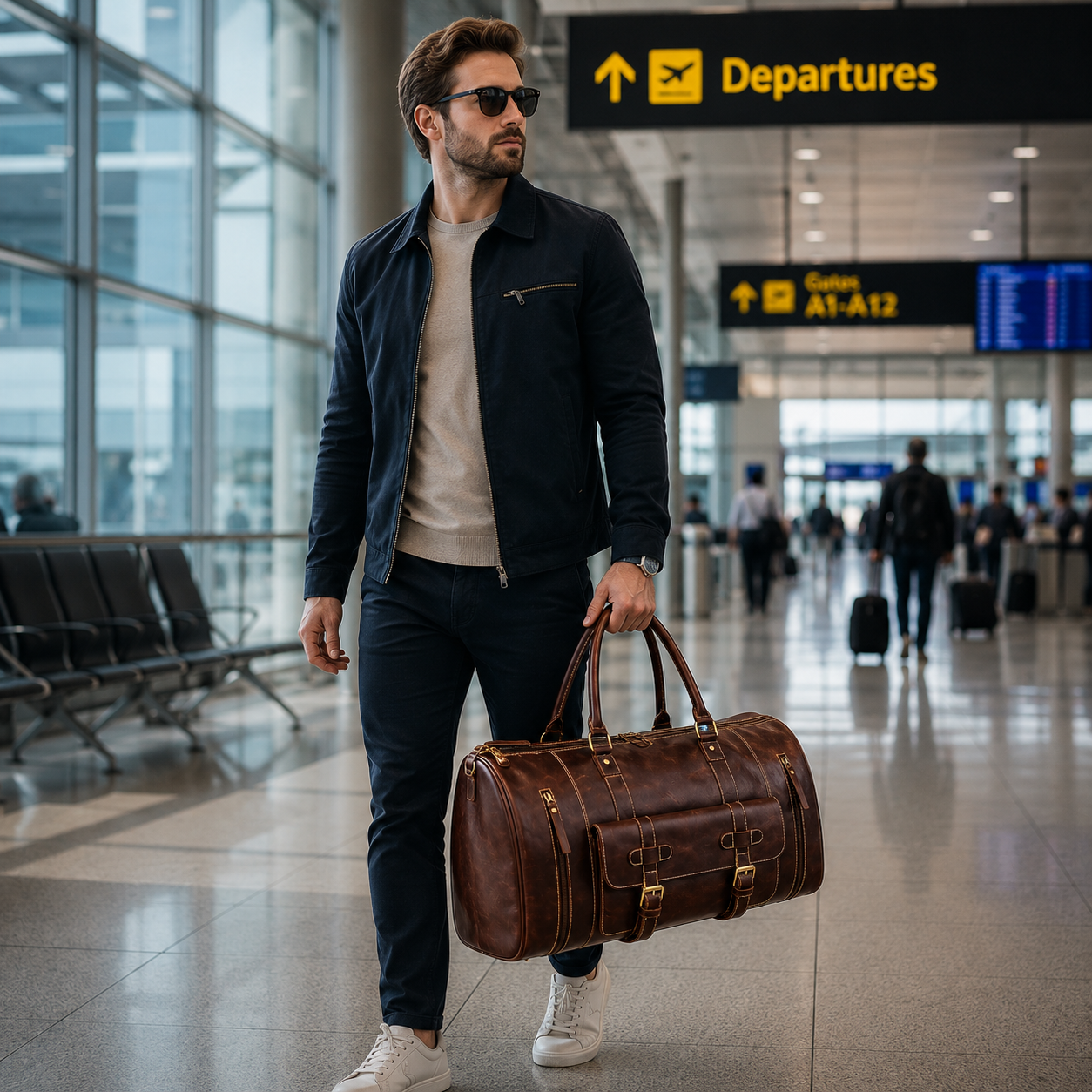 Luxcariiy Brown Genuine Leather Duffle Bag for Men & Women – Large Handmade Leather Travel Weekender Duffel Bag with Multiple Pockets & Shoulder Strap
