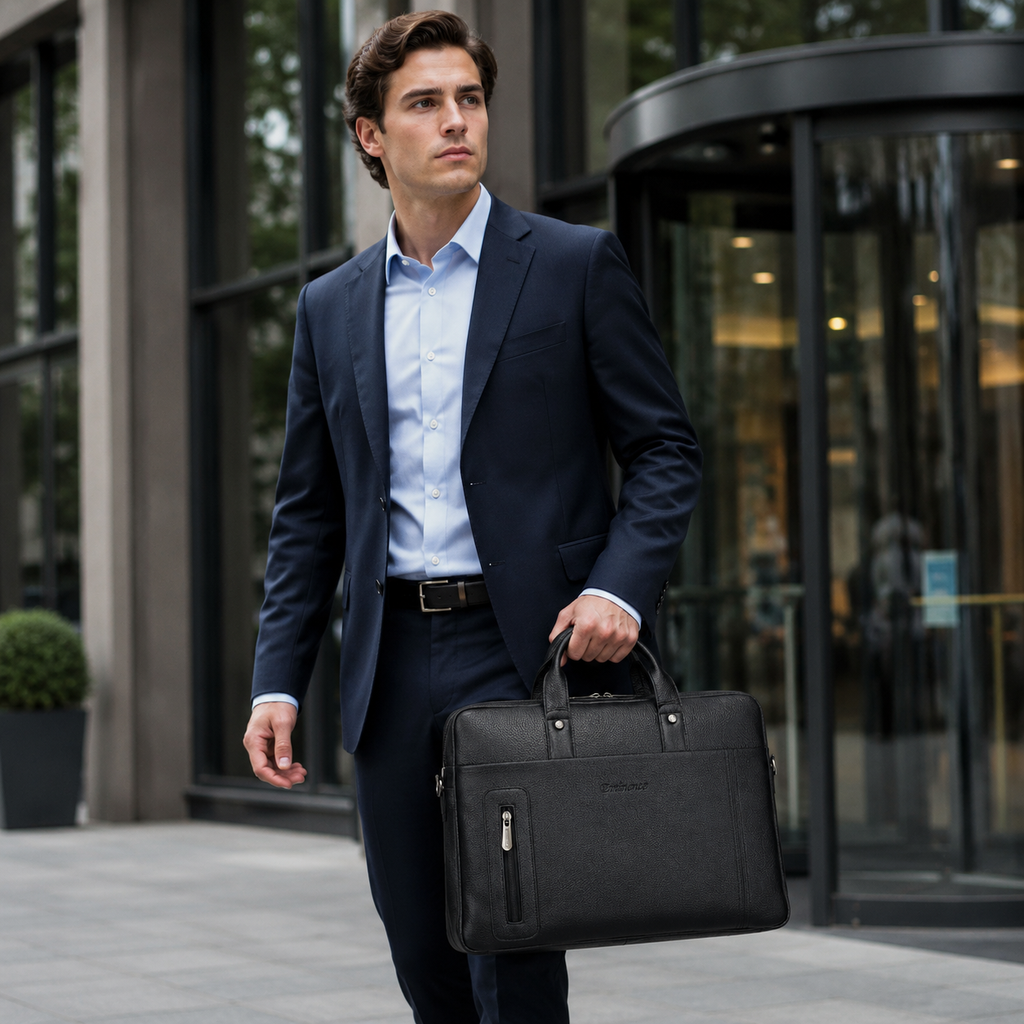 Luxcariiy Black Genuine Leather Laptop Bag for Men – Professional Business Briefcase, Work & Office Computer Bag