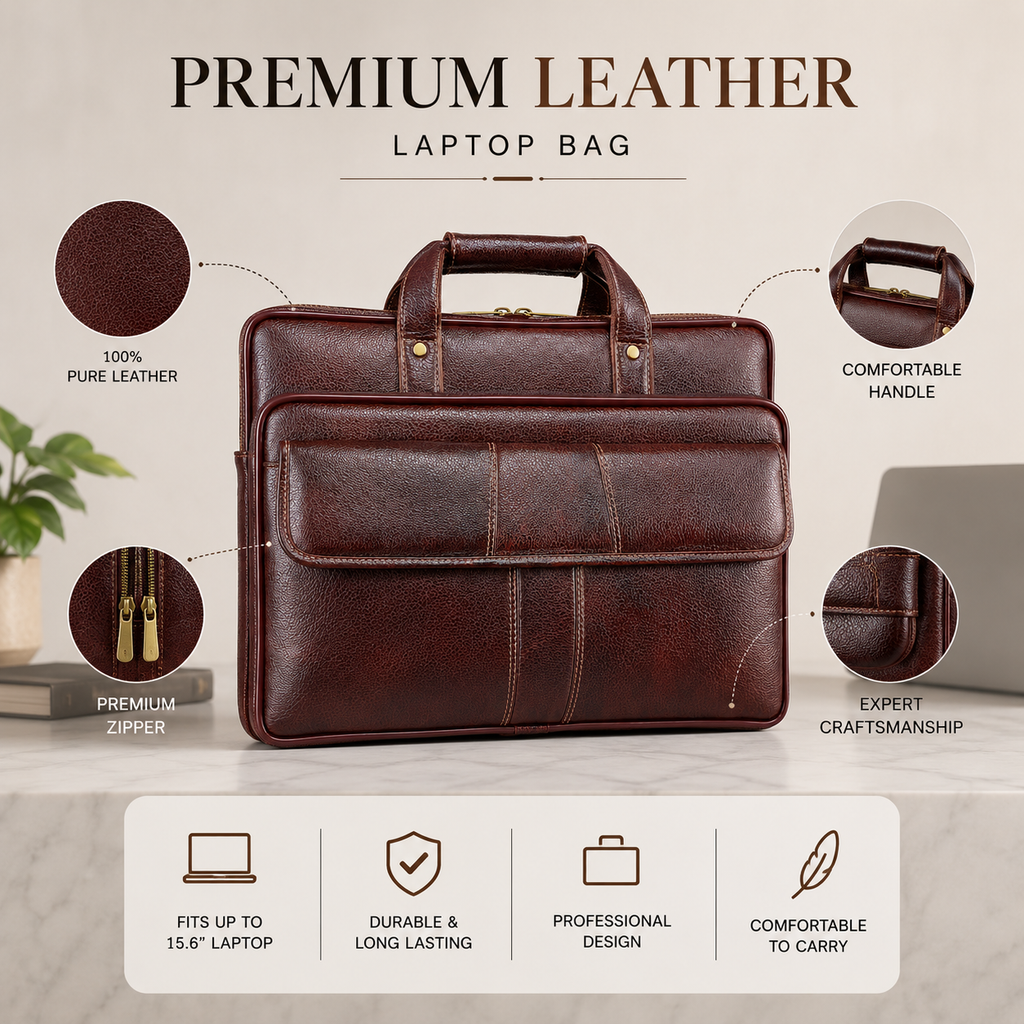 Luxcariiy Genuine Leather Laptop Bag for Men – Dark Brown Professional Business Briefcase, Executive Work & Travel Office Bag