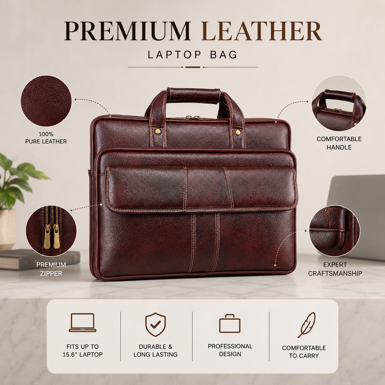Luxcariiy Genuine Leather Laptop Bag for Men – Dark Brown Professional Business Briefcase, Executive Work & Travel Office Bag