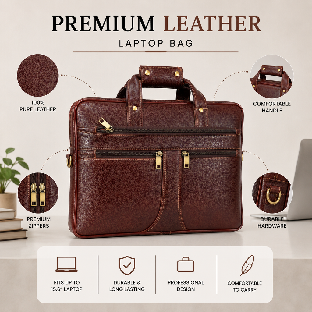 Luxcariiy Genuine Leather Laptop Bag for Men – Dark Brown Professional Business Briefcase, Multi-Pocket Work & Office Computer Bag