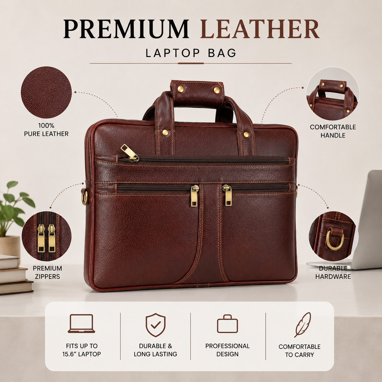 Luxcariiy Genuine Leather Laptop Bag for Men – Dark Brown Professional Business Briefcase, Multi-Pocket Work & Office Computer Bag