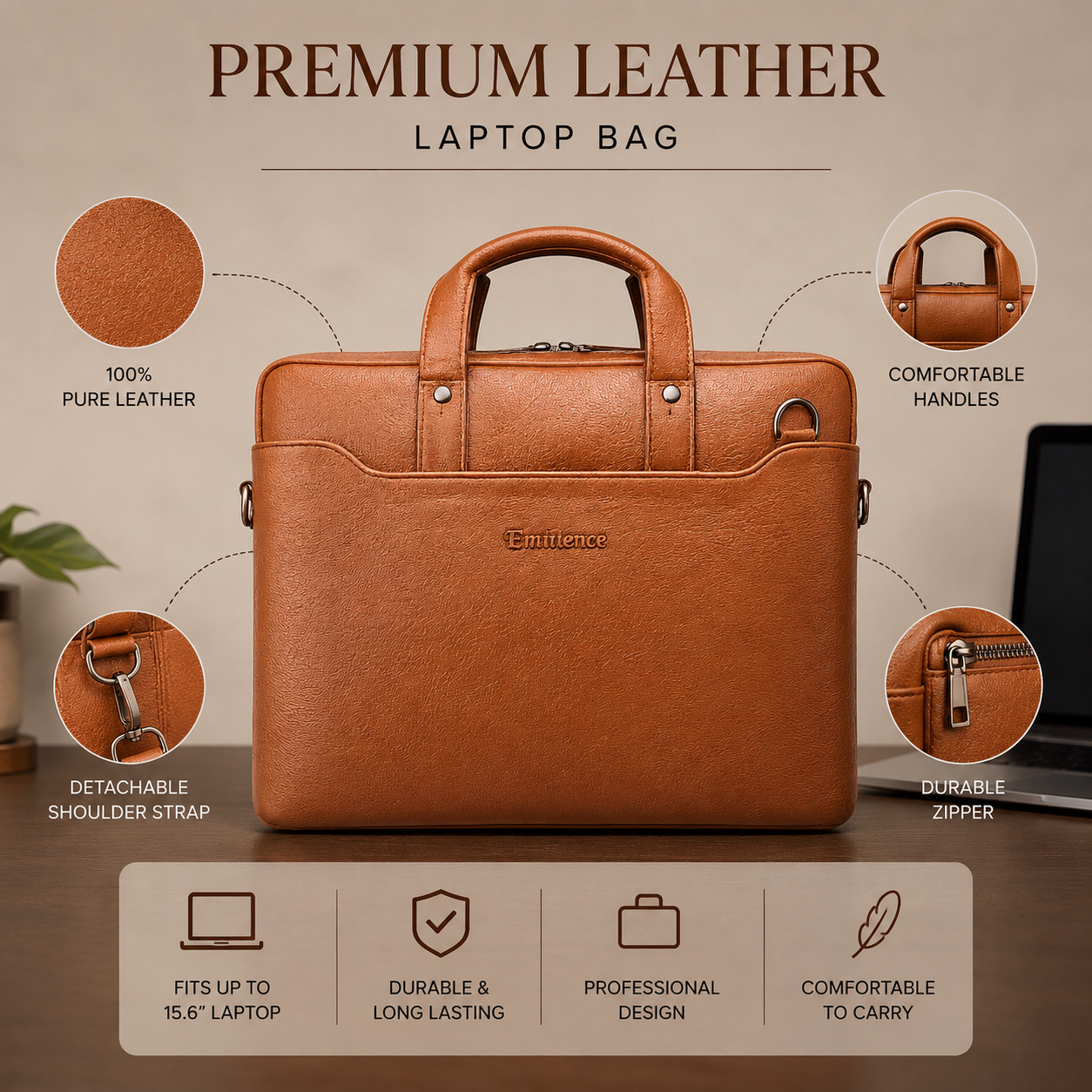Luxcariiy Tan Brown Genuine Leather Laptop Bag for Men – Professional Business Briefcase, Work & Travel Computer Bag with Multiple Compartments