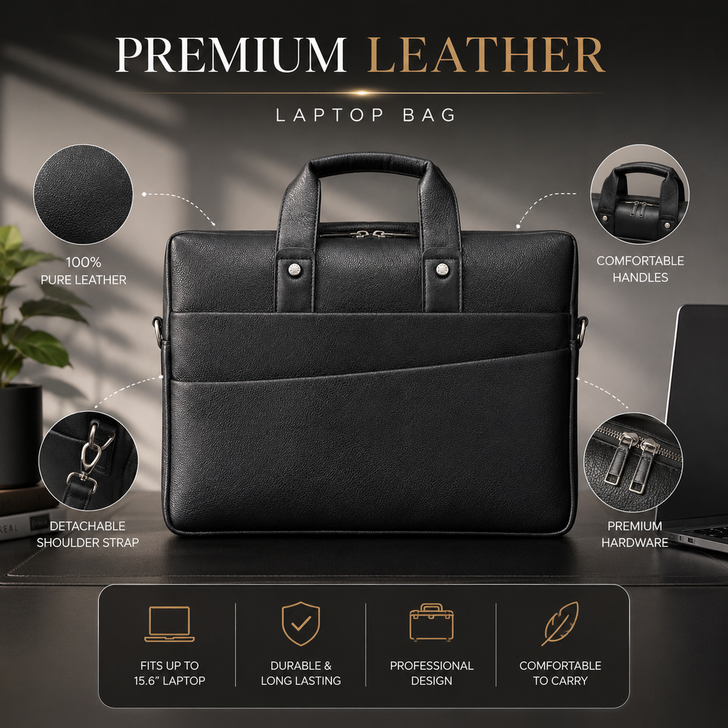 Luxcariiy Black Genuine Leather Laptop Bag for Men – Professional Business Briefcase, Work & Office Computer Bag with Multiple Compartments