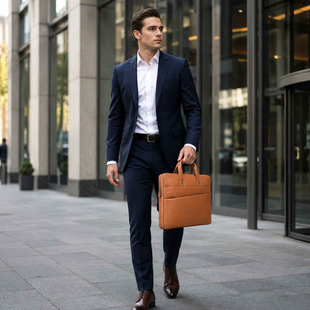Luxcariiy Cognac Brown Genuine Leather Laptop Bag for Men – Professional Business Briefcase, Work Office & Travel Computer Bag