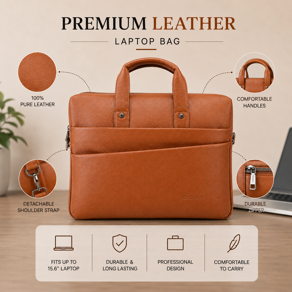 Luxcariiy Cognac Brown Genuine Leather Laptop Bag for Men – Professional Business Briefcase, Work Office & Travel Computer Bag