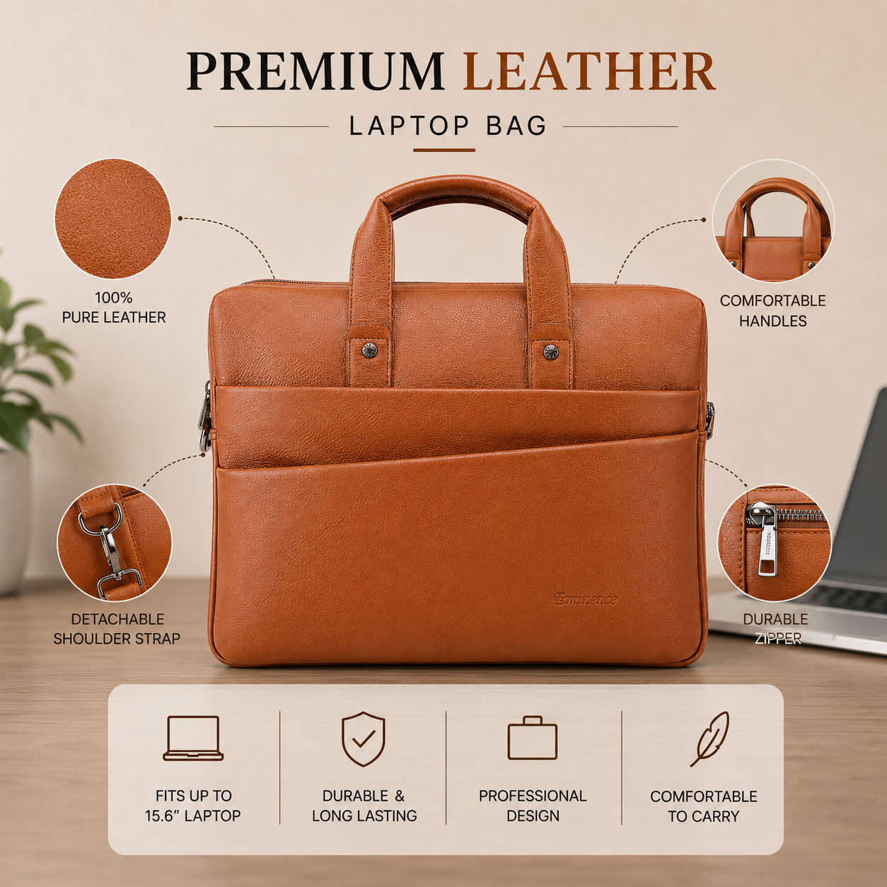 Luxcariiy Cognac Brown Genuine Leather Laptop Bag for Men – Professional Business Briefcase, Work Office & Travel Computer Bag