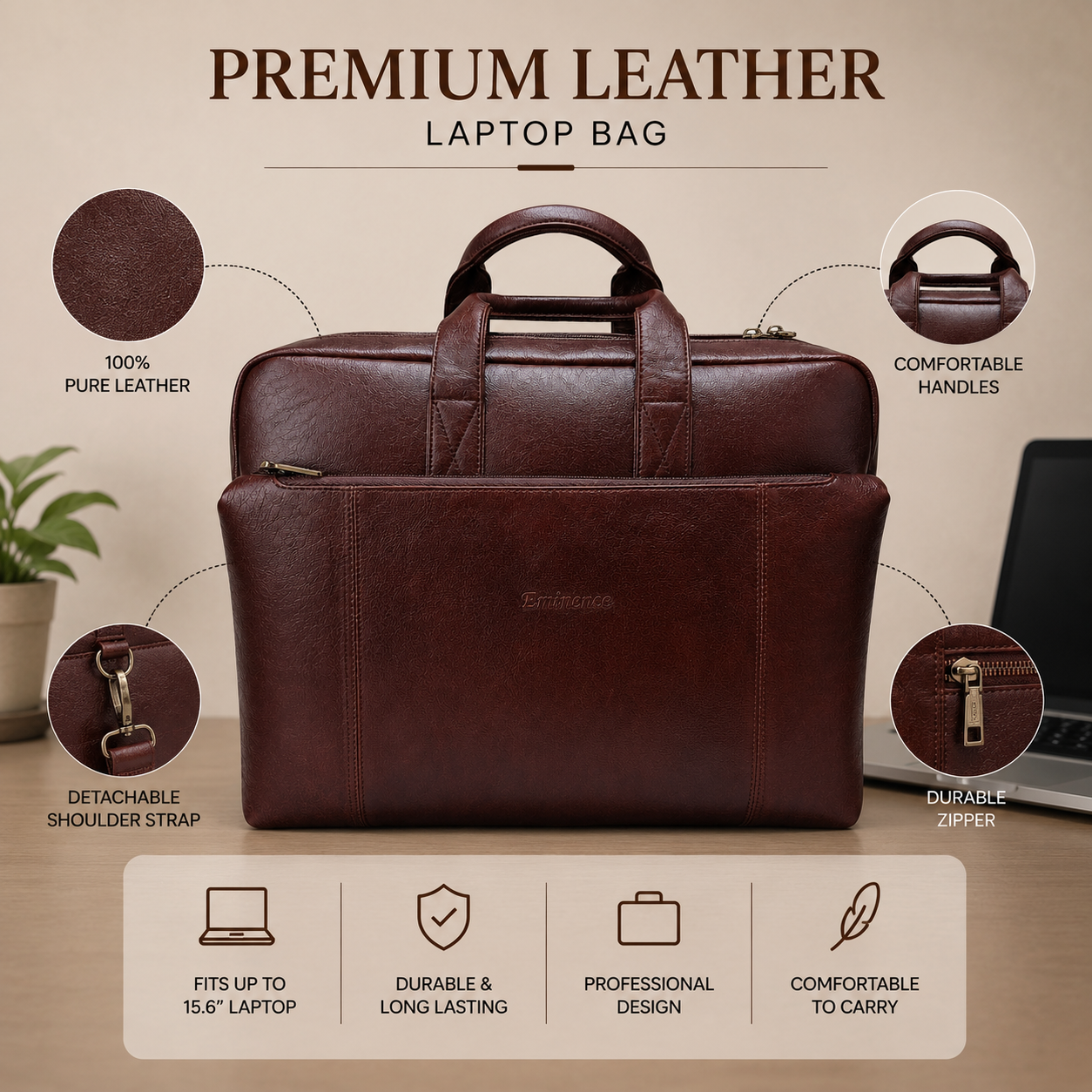 Luxcariiy Brown Genuine Leather Laptop Bag for Men – Full Grain Leather Briefcase for 15.6" & 16" Laptop, Premium Business Work Office Travel Messenger Computer Bag with Multiple Compartments