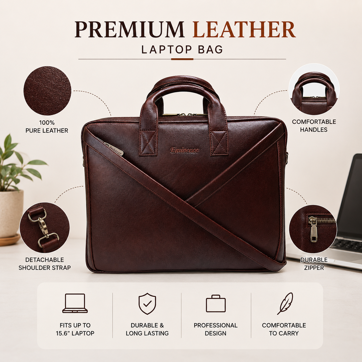 Luxcariiy Eminence Full Grain Leather Laptop Bag for Men – Dark Brown 15.6"/16" Executive Leather Briefcase, Premium Business Work Office Travel Computer Messenger Bag with Padded Laptop Compartment