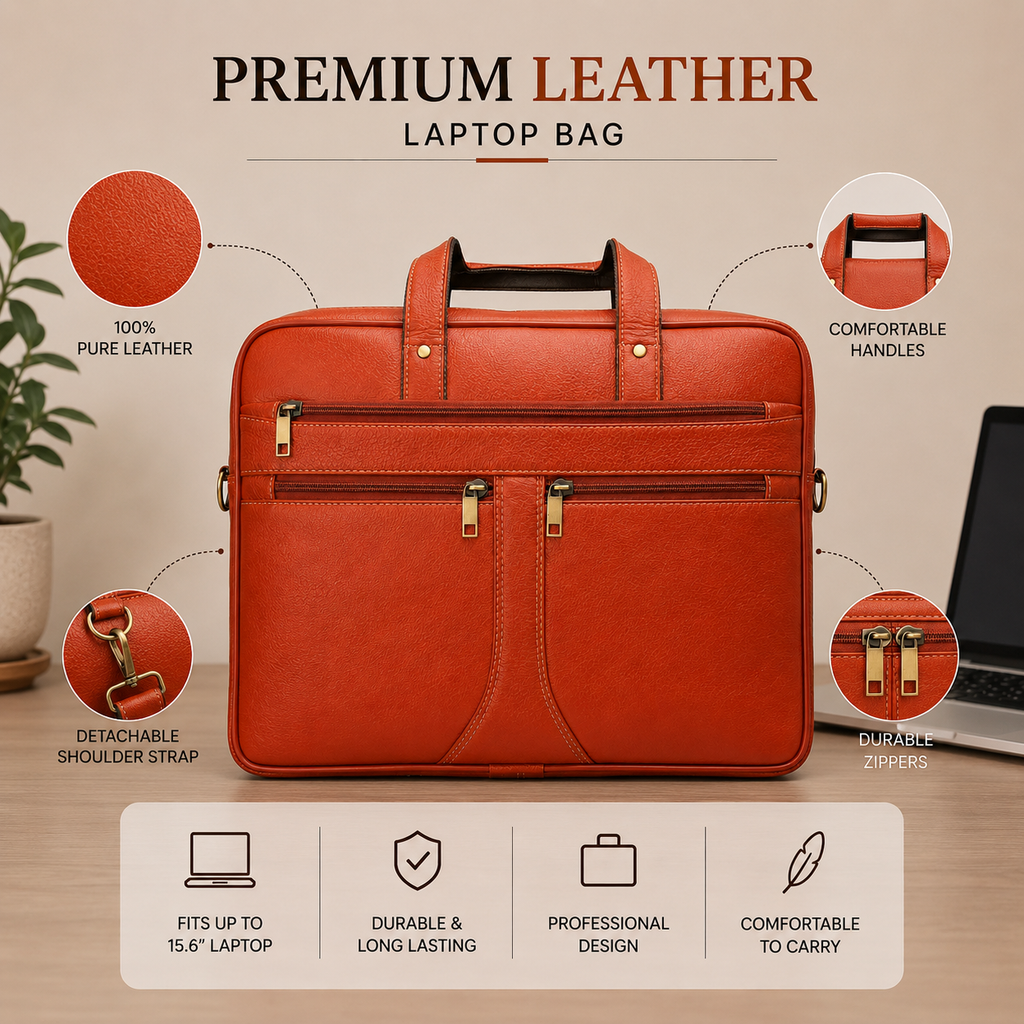Luxcariiy Cognac Genuine Leather Laptop Bag for Men – Full Grain Leather Laptop Briefcase Fits 15.6" & 16" Laptop, Professional Business Office Work Travel Messenger Bag with Multiple Compartments