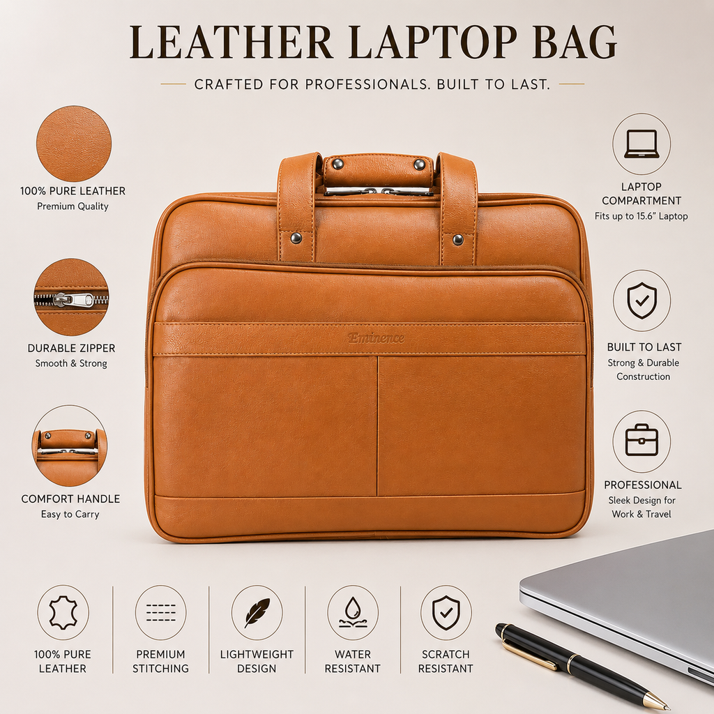 Luxcariiy Men’s Genuine Leather Laptop Bag – Brown Professional Business Briefcase for Work, Office & Travel