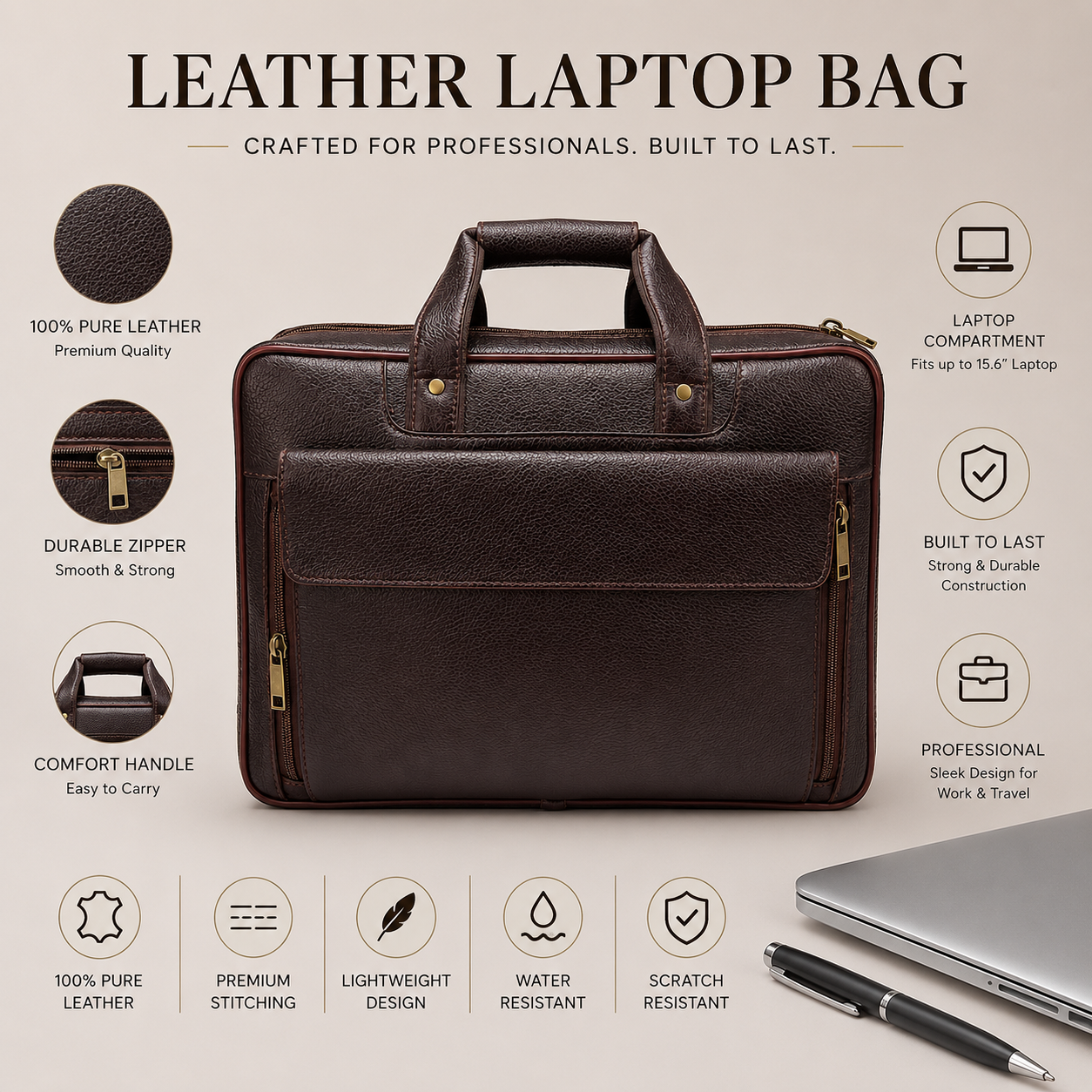 Luxcariiy Dark Brown Genuine Leather Laptop Bag for Men – Professional Business Briefcase, Work & Office Computer Bag with Multiple Compartments