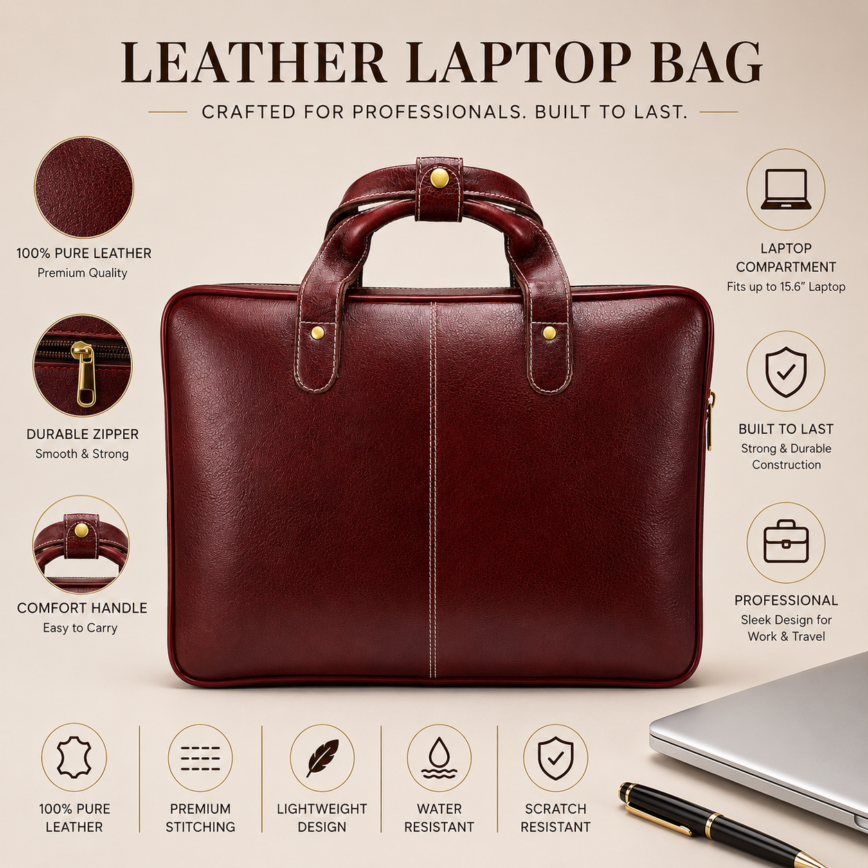 Luxcariiy Men’s Genuine Leather Laptop Bag – Dark Brown Professional Briefcase for Work, Office & Business Travel