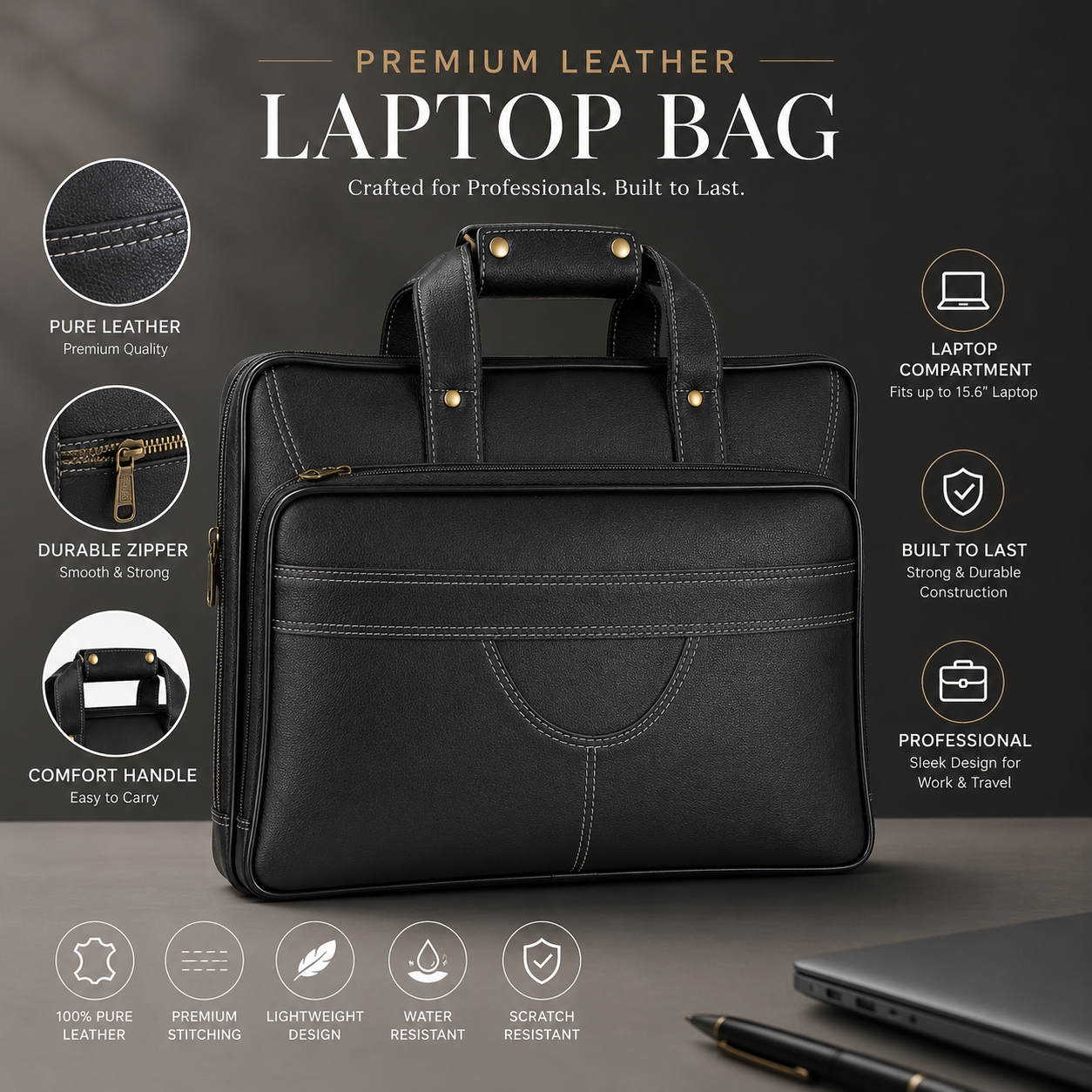 Luxcariiy Black Genuine Leather Laptop Bag for Men | 15.6-16 Inch Professional Business Briefcase | Full Grain Leather Work Office Travel Messenger Computer Bag