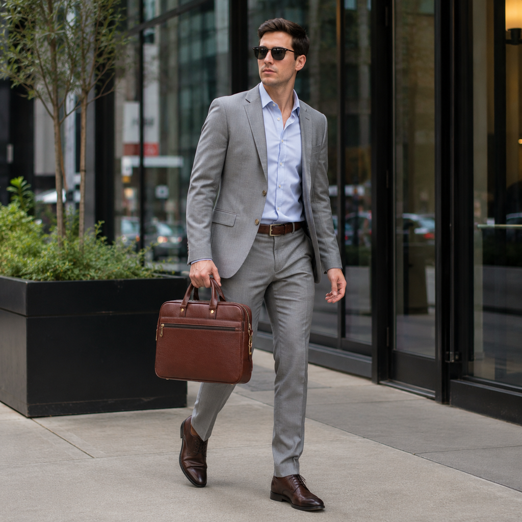 Luxcariiy® Genuine Leather Laptop Bag for Men - Brown Full Grain Leather Laptop Briefcase for 15.6 & 16 Inch Laptop, Professional Business Work Office Travel Messenger Computer Bag with Multiple Compartments