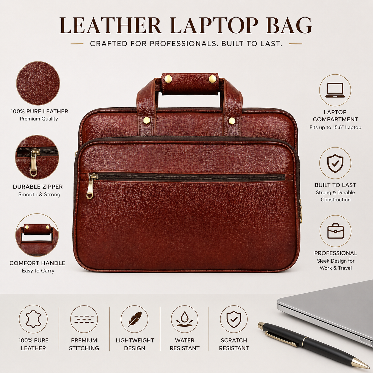 Luxcariiy® Genuine Leather Laptop Bag for Men - Brown Full Grain Leather Laptop Briefcase for 15.6 & 16 Inch Laptop, Professional Business Work Office Travel Messenger Computer Bag with Multiple Compartments