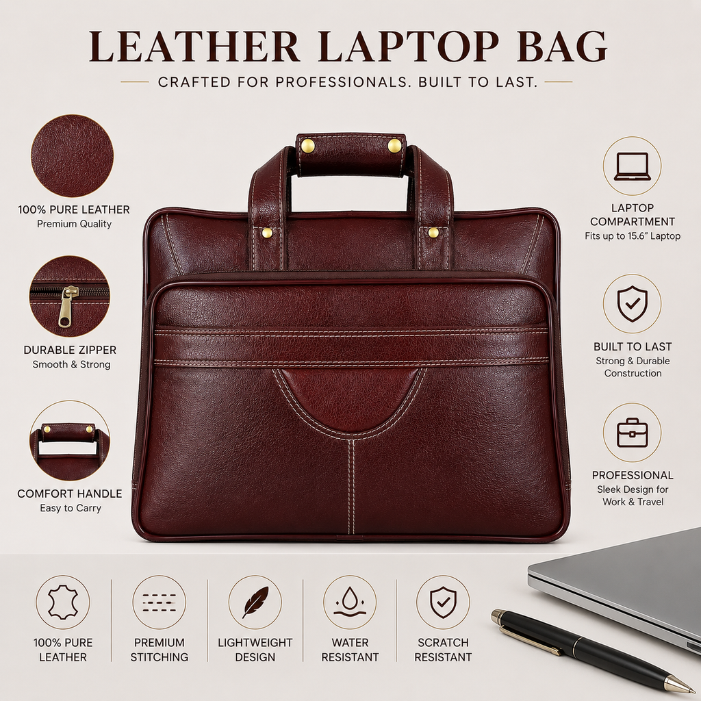 Luxcariiy® Full Grain Leather Laptop Bag for Men – Premium Leather Briefcase for 15.6 & 16 Inch Laptop, Business Office Work Travel Messenger Computer Bag with Padded Laptop Compartment