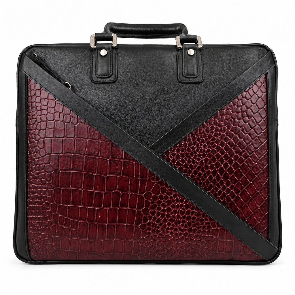 Luxcariiy Black & Burgundy Crocodile Embossed Genuine Leather Laptop Bag for Men – 15.6" Business Briefcase, Executive Office Messenger Bag with Shoulder Strap