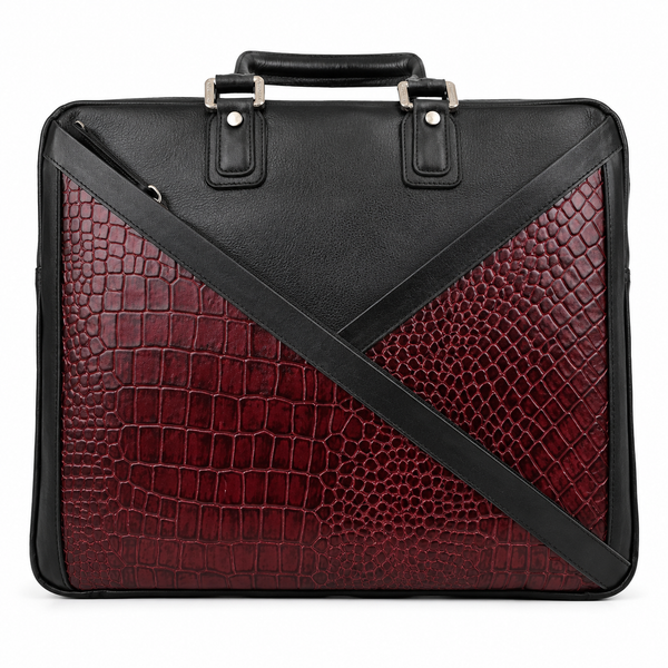 Luxcariiy Black & Burgundy Crocodile Embossed Genuine Leather Laptop Bag for Men – 15.6" Business Briefcase, Executive Office Messenger Bag with Shoulder Strap