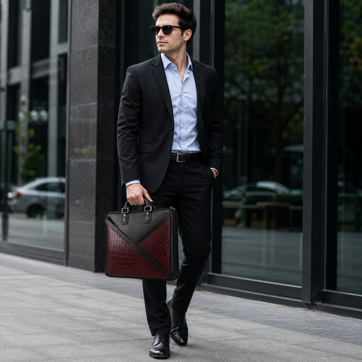 Luxcariiy Black & Burgundy Crocodile Embossed Genuine Leather Laptop Bag for Men – 15.6" Business Briefcase, Executive Office Messenger Bag with Shoulder Strap