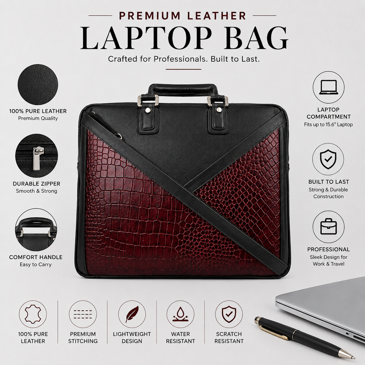 Luxcariiy Black & Burgundy Crocodile Embossed Genuine Leather Laptop Bag for Men – 15.6" Business Briefcase, Executive Office Messenger Bag with Shoulder Strap