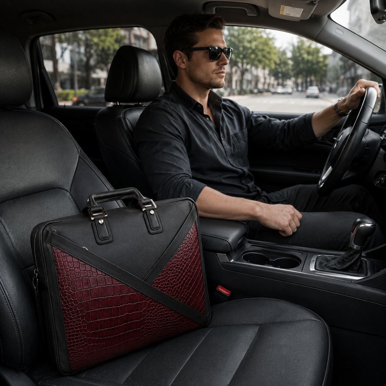 Luxcariiy Black & Burgundy Crocodile Embossed Genuine Leather Laptop Bag for Men – 15.6" Business Briefcase, Executive Office Messenger Bag with Shoulder Strap
