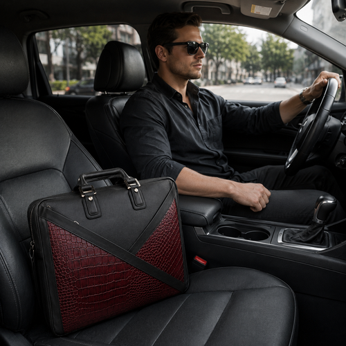 Luxcariiy Black & Burgundy Crocodile Embossed Genuine Leather Laptop Bag for Men – 15.6" Business Briefcase, Executive Office Messenger Bag with Shoulder Strap