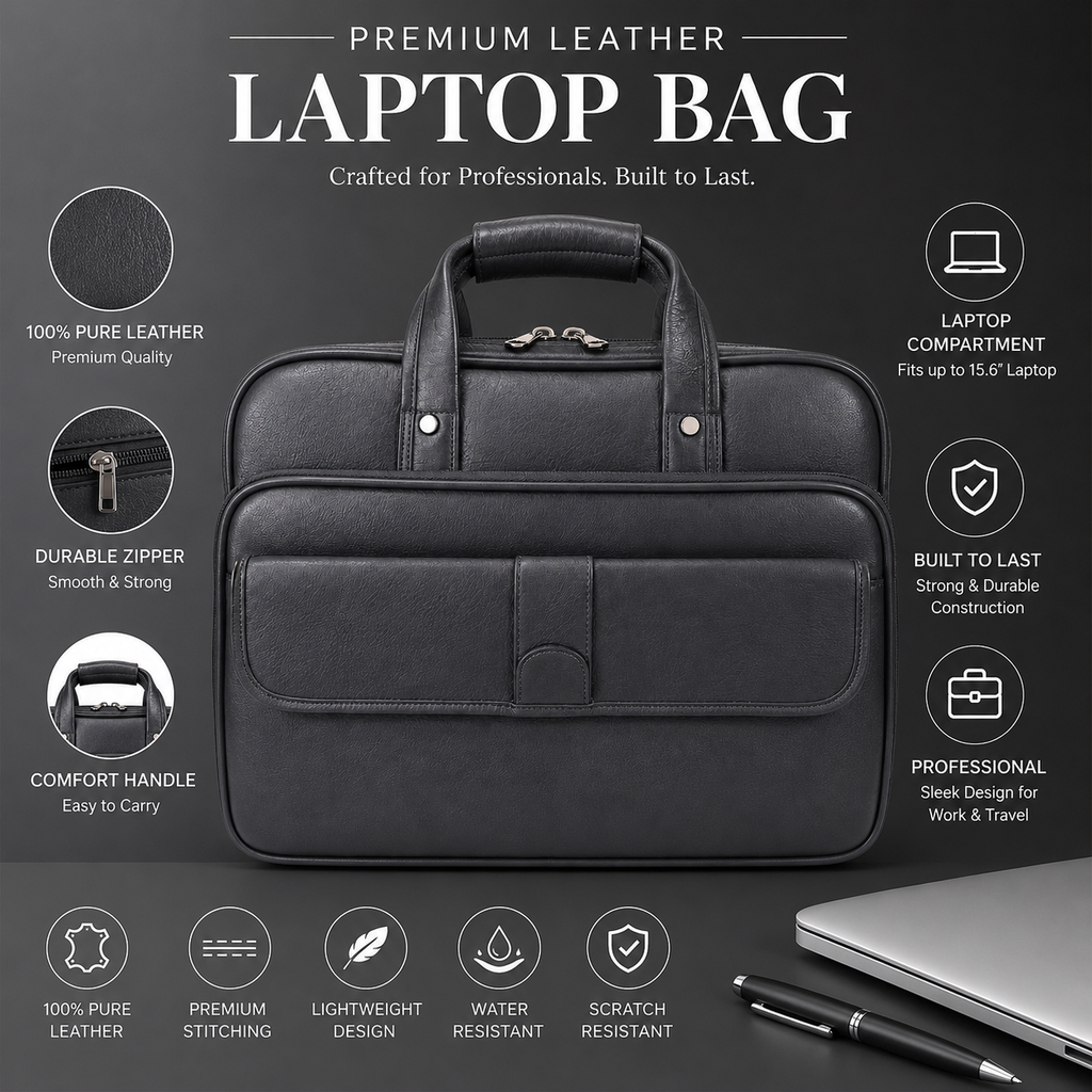 Luxcariiy Grey Genuine Leather Laptop Bag for Men | Premium Business Briefcase for 15.6 & 16 Inch Laptop | Professional Office Work Travel Messenger Bag