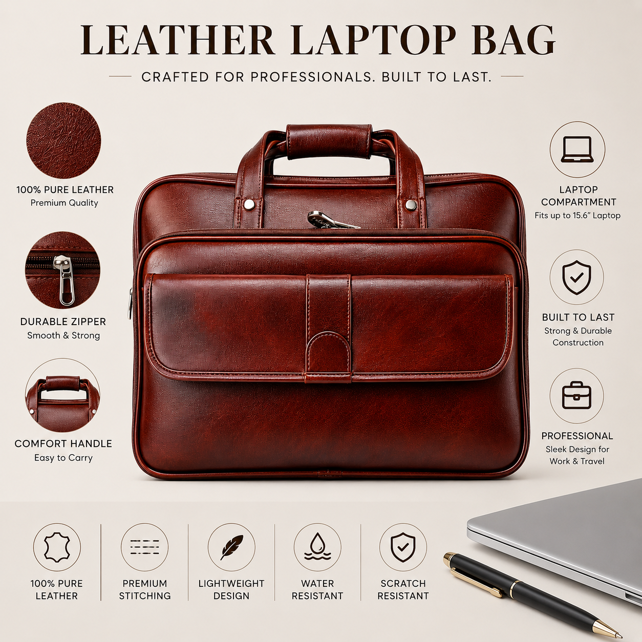 Luxcariiy Men’s Genuine Leather Laptop Bag – Chestnut Brown Professional Briefcase for Work, Office & Business Travel