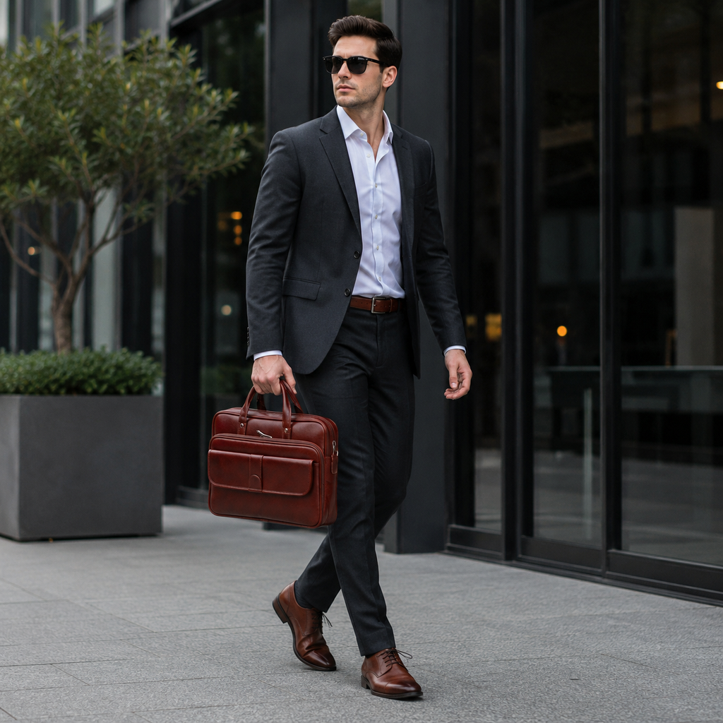 Luxcariiy Men’s Genuine Leather Laptop Bag – Chestnut Brown Professional Briefcase for Work, Office & Business Travel
