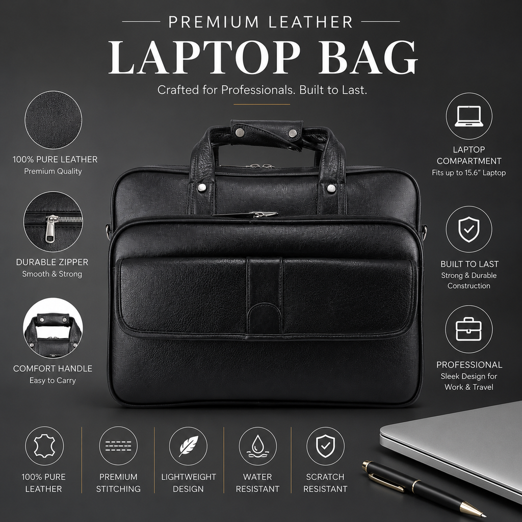 Luxcariiy Black Genuine Leather Laptop Bag for Men – Professional Business Briefcase, Work & Office Bag with Multiple Compartments