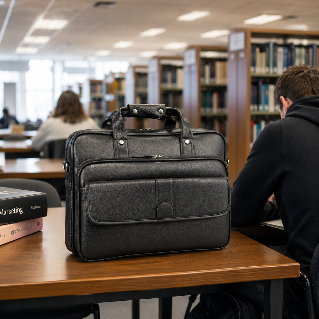 Luxcariiy Black Genuine Leather Laptop Bag for Men – Professional Business Briefcase, Work & Office Bag with Multiple Compartments