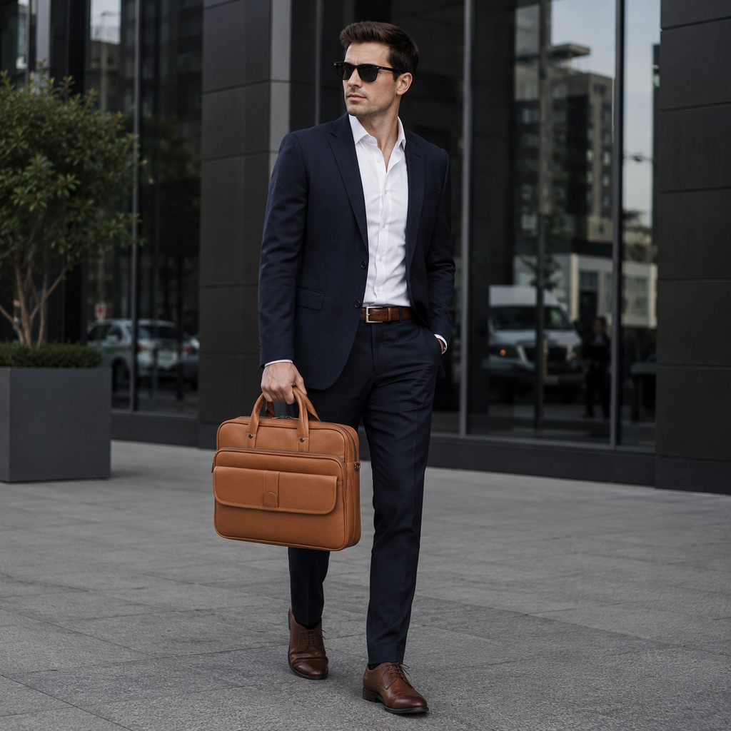 Luxcariiy Men’s Genuine Leather Laptop Bag – Tan Brown Professional Briefcase for Work, Office & Business Travel
