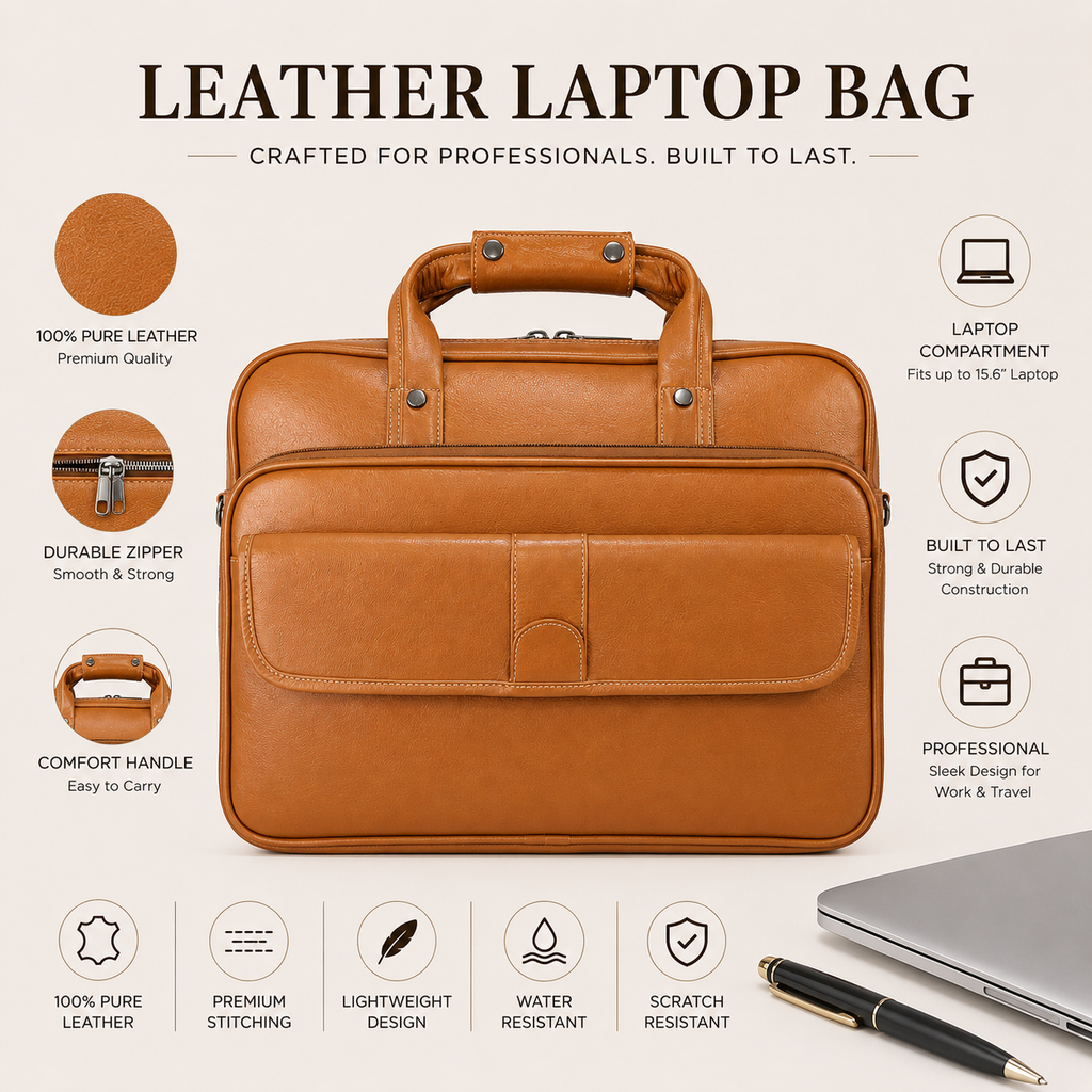 Luxcariiy Men’s Genuine Leather Laptop Bag – Tan Brown Professional Briefcase for Work, Office & Business Travel
