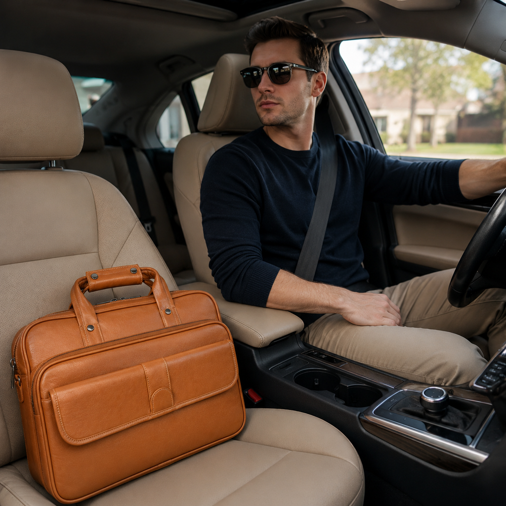 Luxcariiy Men’s Genuine Leather Laptop Bag – Tan Brown Professional Briefcase for Work, Office & Business Travel