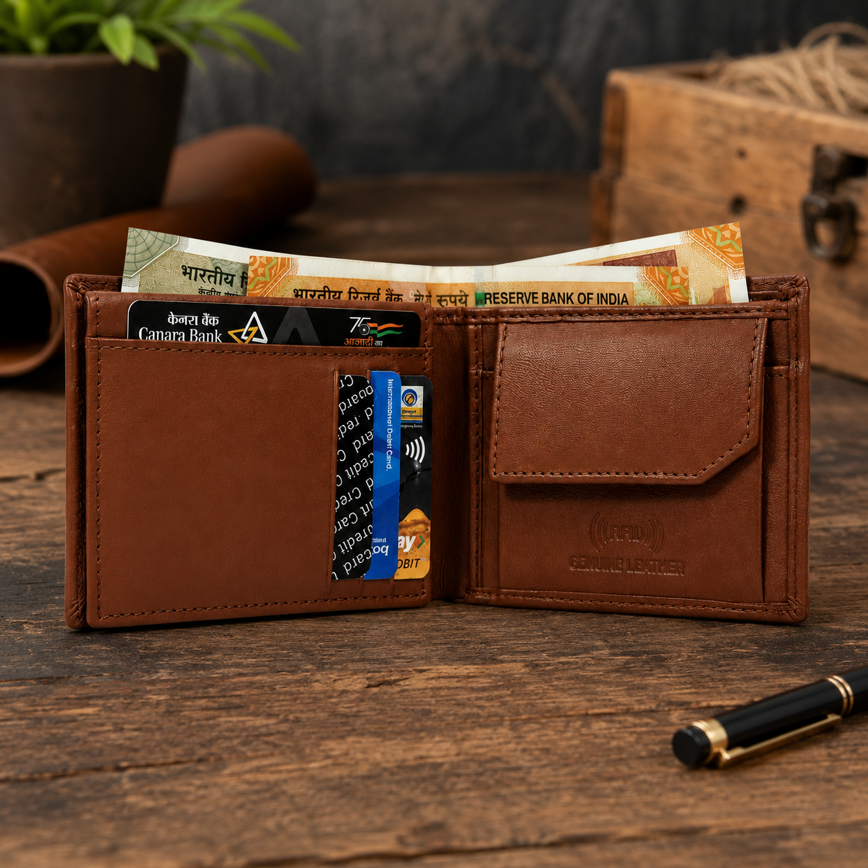 Men’s Genuine Leather Bifold Wallet with RFID Blocking, Coin Pocket & Multiple Card Slots – Brown Leather Wallet for Men