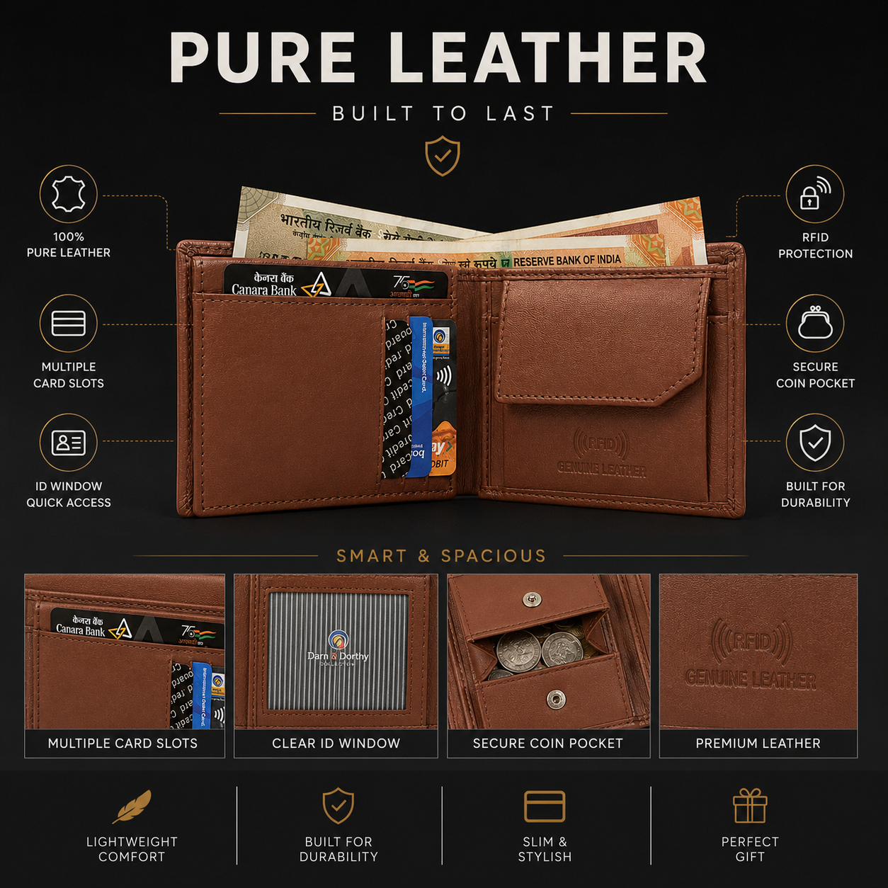 Men’s Genuine Leather Bifold Wallet with RFID Blocking, Coin Pocket & Multiple Card Slots – Brown Leather Wallet for Men