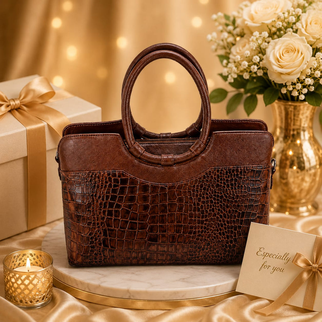 Luxcariiy Brown Genuine Leather Tote Bag for Women – Crocodile Embossed Large Leather Handbag, Laptop Work Bag with Zipper & Shoulder Strap