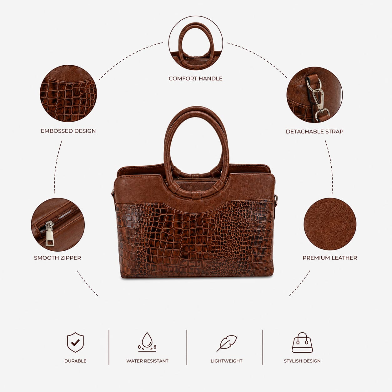 Luxcariiy Brown Genuine Leather Tote Bag for Women – Crocodile Embossed Large Leather Handbag, Laptop Work Bag with Zipper & Shoulder Strap