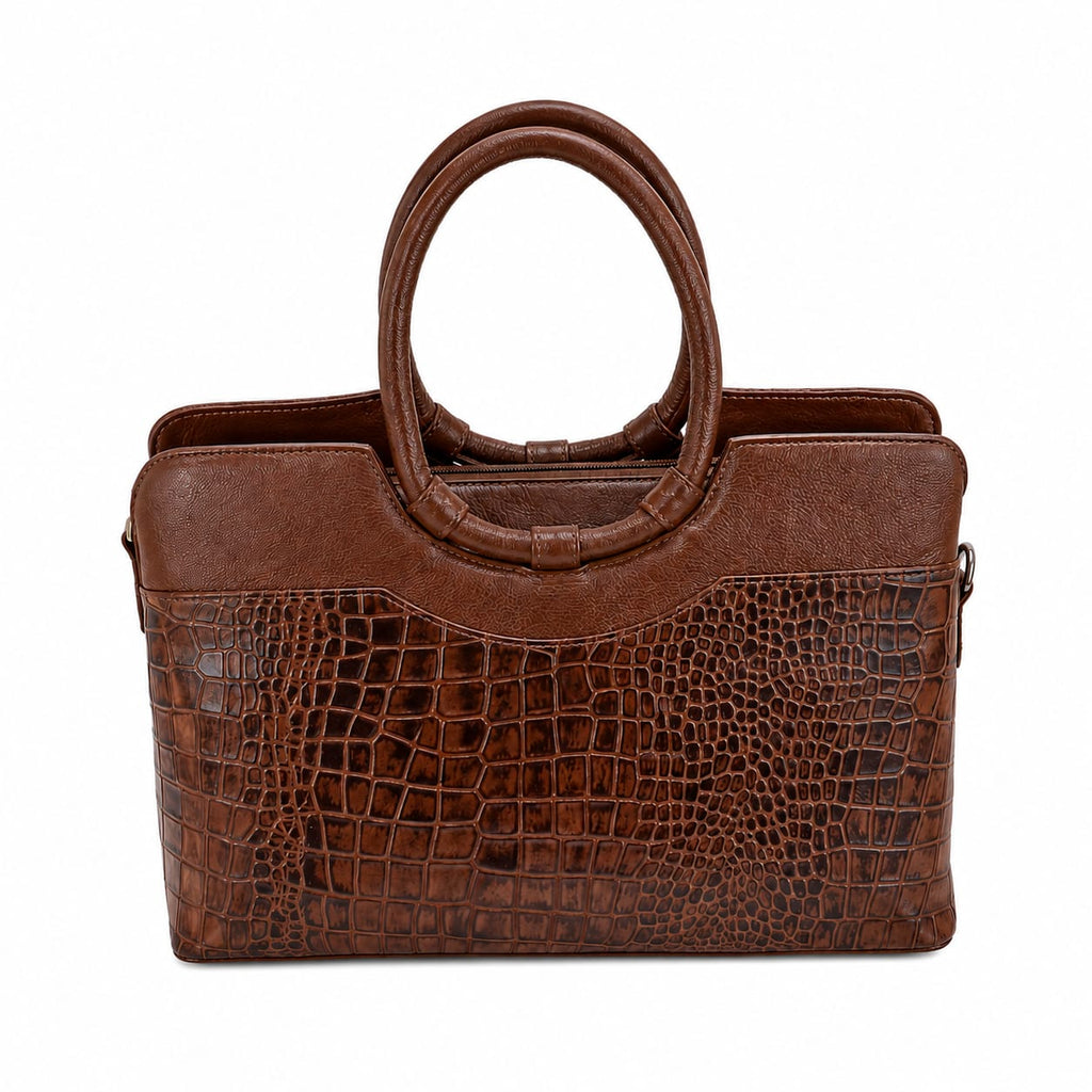 Luxcariiy Brown Genuine Leather Tote Bag for Women – Crocodile Embossed Large Leather Handbag, Laptop Work Bag with Zipper & Shoulder Strap