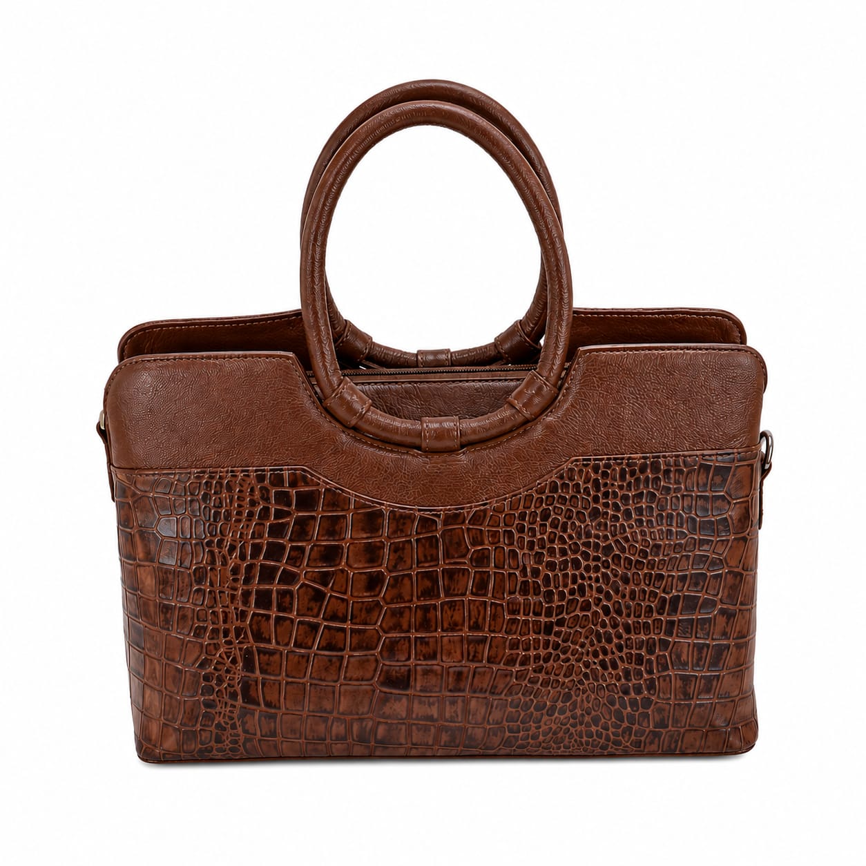 Luxcariiy Brown Genuine Leather Tote Bag for Women – Crocodile Embossed Large Leather Handbag, Laptop Work Bag with Zipper & Shoulder Strap