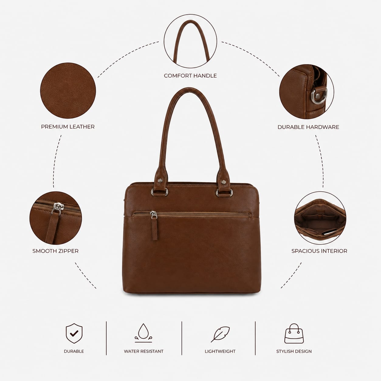 Luxcariiy Brown Genuine Leather Tote Bag for Women – Large Zippered Work, Office & Everyday Shoulder Handbag