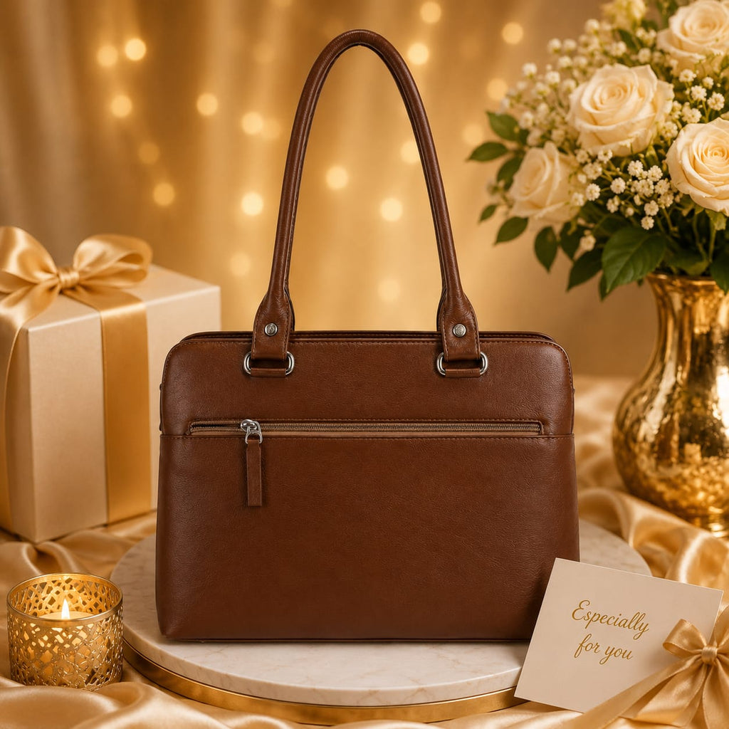 Luxcariiy Brown Genuine Leather Tote Bag for Women – Large Zippered Work, Office & Everyday Shoulder Handbag