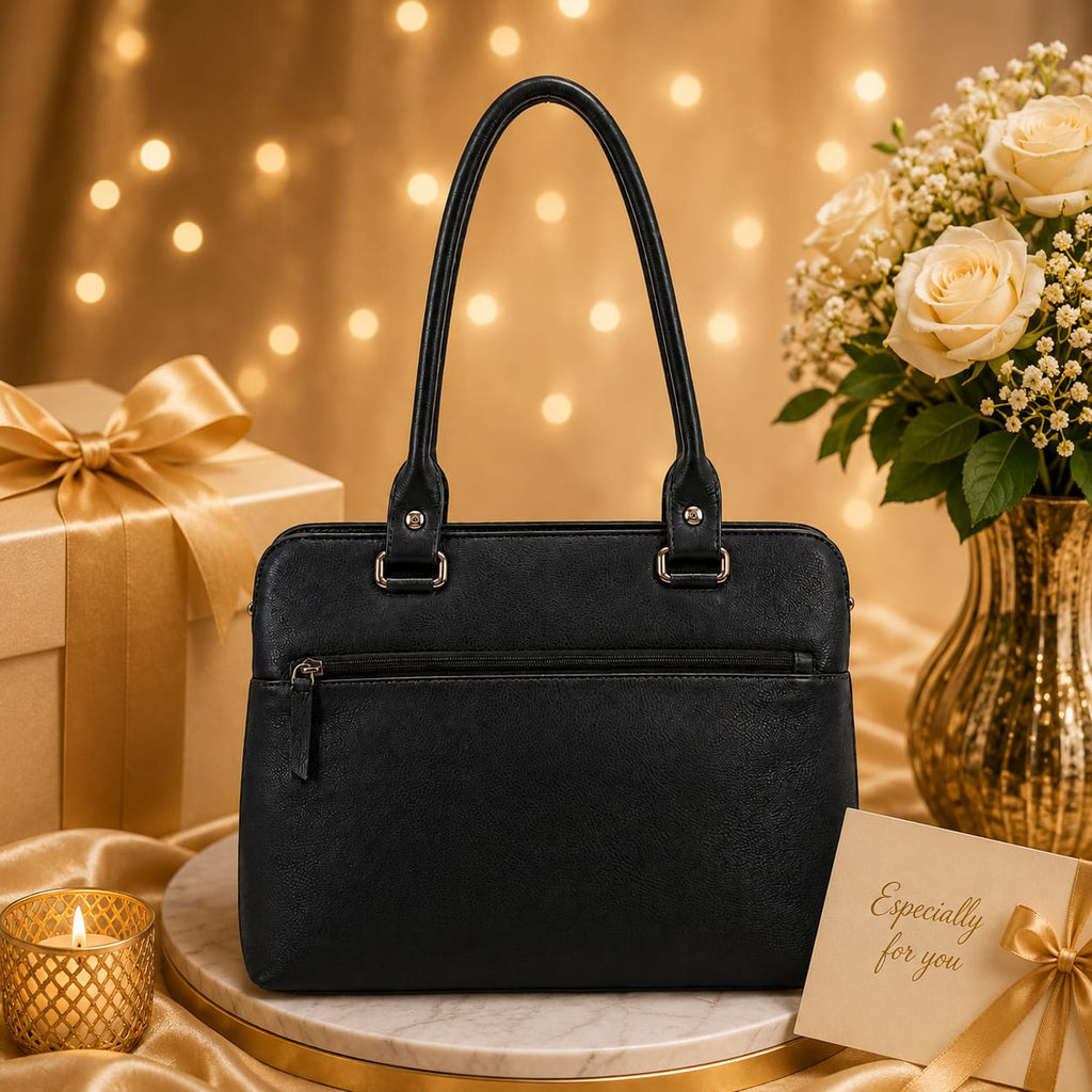 Luxcariiy Black Genuine Leather Tote Bag for Women – Large Leather Laptop Work Tote, Zippered Shoulder Handbag with Pockets for Office, Business, Travel & Everyday Use