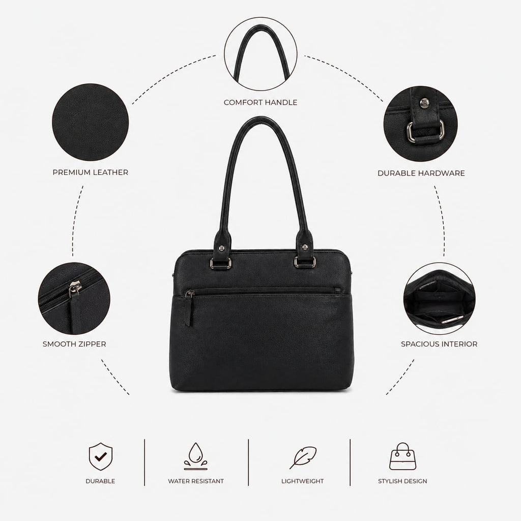 Luxcariiy Black Genuine Leather Tote Bag for Women – Large Leather Laptop Work Tote, Zippered Shoulder Handbag with Pockets for Office, Business, Travel & Everyday Use