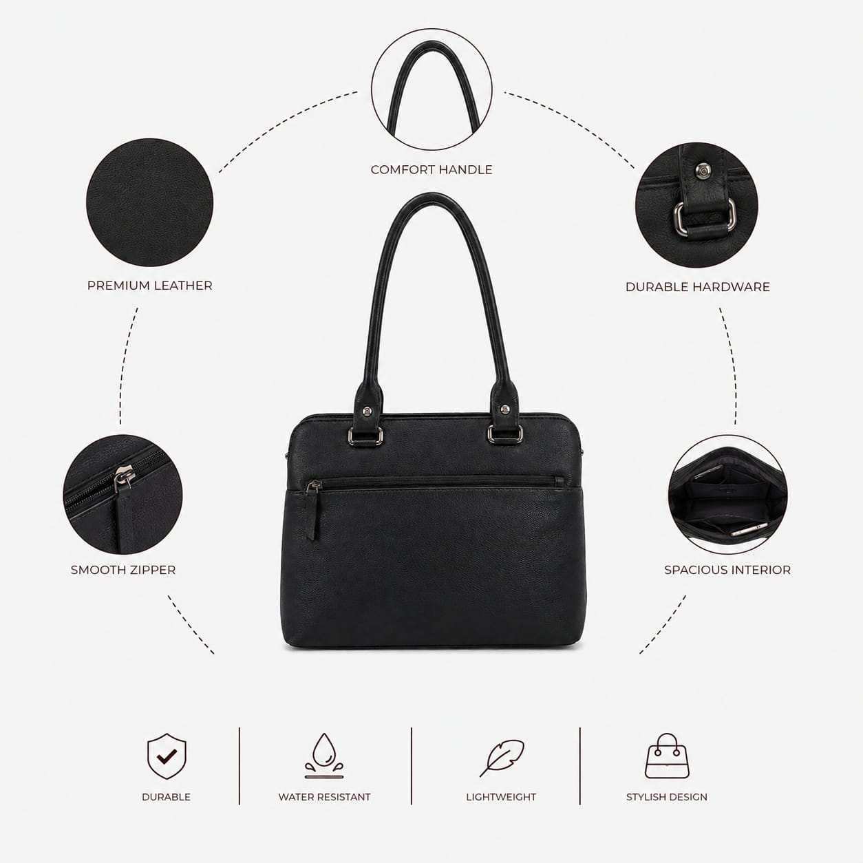 Luxcariiy Black Genuine Leather Tote Bag for Women – Large Leather Laptop Work Tote, Zippered Shoulder Handbag with Pockets for Office, Business, Travel & Everyday Use
