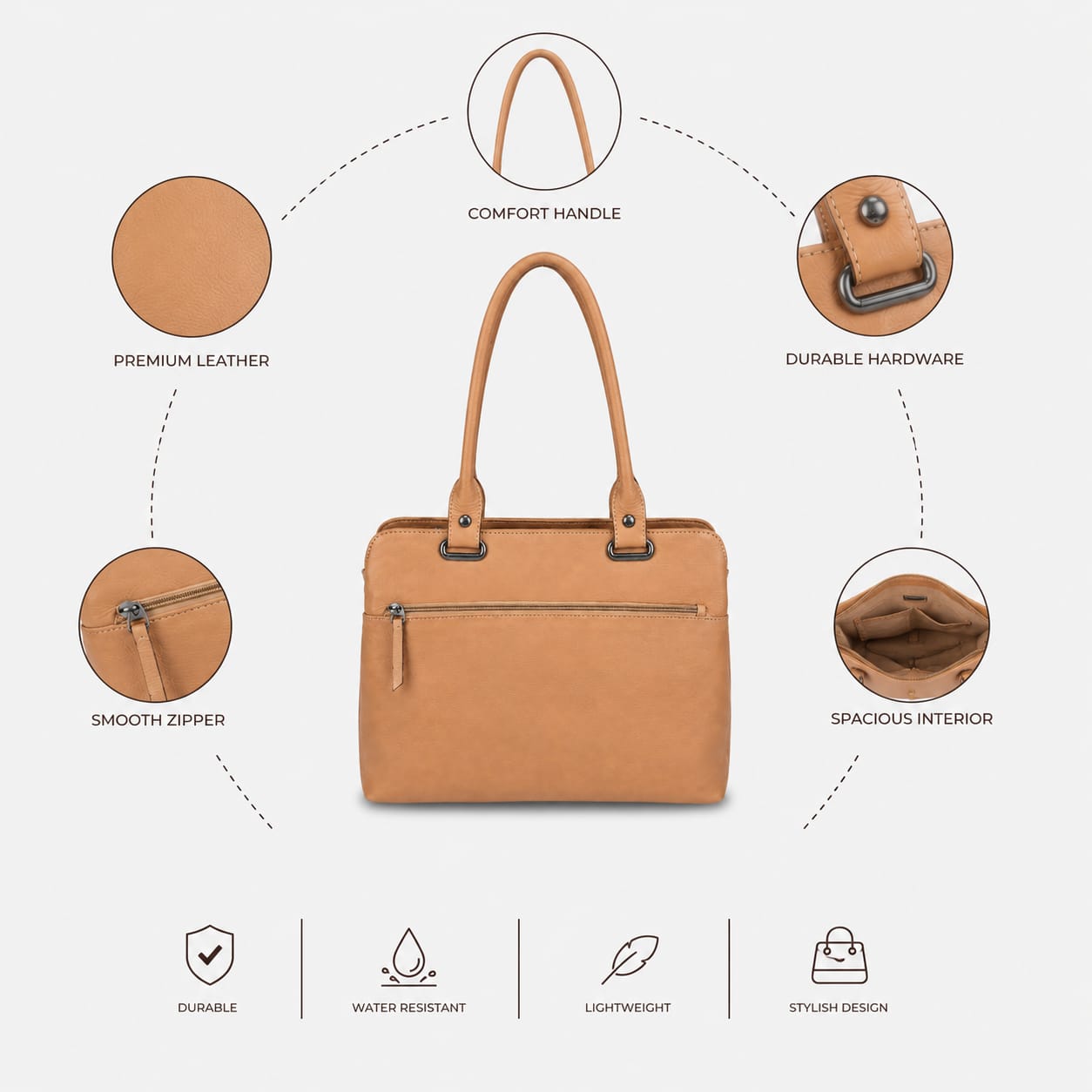 Luxcariiy Genuine Leather Tote Bag for Women – Large Tan Brown Leather Handbag, Shoulder Work Bag, Laptop Tote with Zipper & Pockets